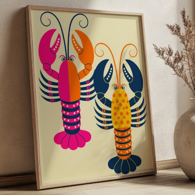Poster Conjunto de 2 Lagostas Fofas Mariscos Estilizados  (Criador carregado)
