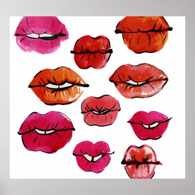 Poster Conjunto de lábios de tinta e aquarela (Frente)