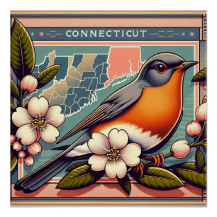 Póster Connecticut American Robin and State Flower Design
