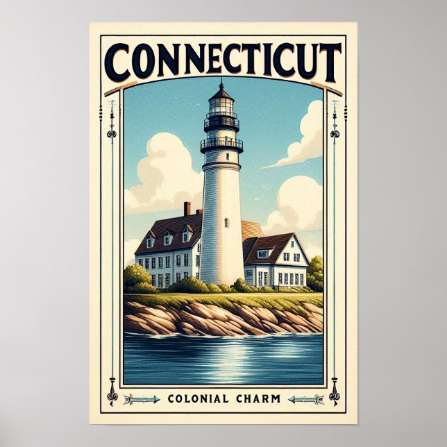 Poster Connecticut Colonial Charm Lighthouse Vintage (Frente)