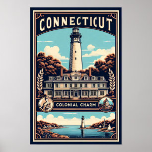 Poster Connecticut Colonial Charm Lighthouse Vintage