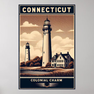 Poster Connecticut Colonial Charm Lighthouse Vintage
