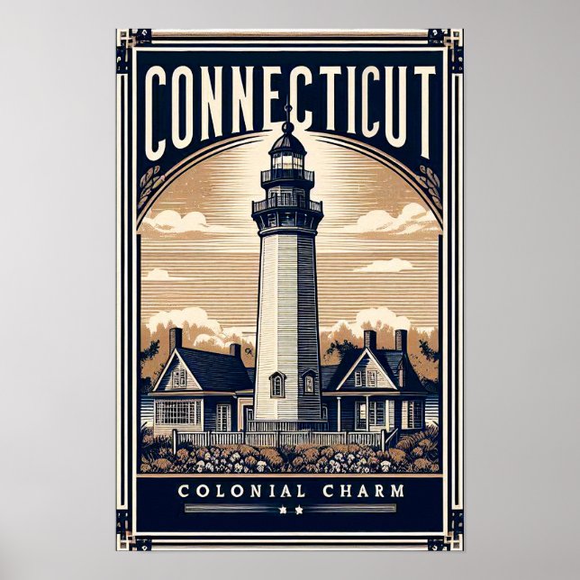 Poster Connecticut Colonial Charm Lighthouse Vintage (Frente)