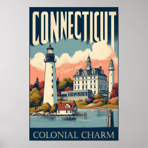 Poster Connecticut Colonial Charm Lighthouse Vintage