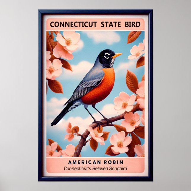 Poster Connecticut State Bird - Americano Robin Vintage (Frente)