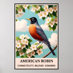 Poster Connecticut State Bird - Americano Robin Vintage