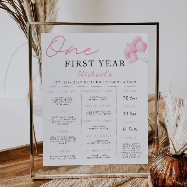 Poster Conselho de Etapa do primeiro aniversario Rosa (Pink Bow 1st Birthday Milestone Board Poster)