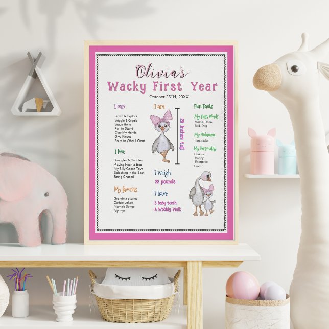Póster Conselho do Marinheiro Rosa (Pink Whimsical Goose Birthday Milestone Board Poster)