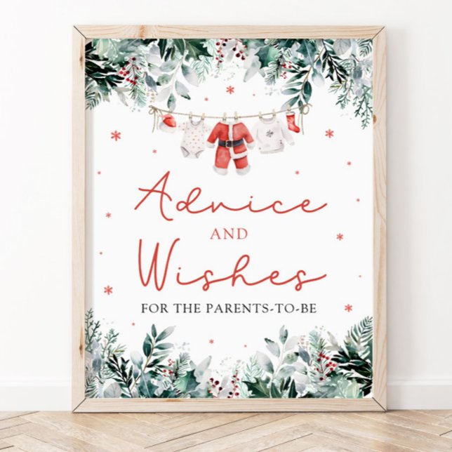 Poster Conselhos e Desejos de Chás de fraldas de Natal Ve (Watercolor Cute Red Christmas Santa Baby Shower Advice and Wishes Sign)