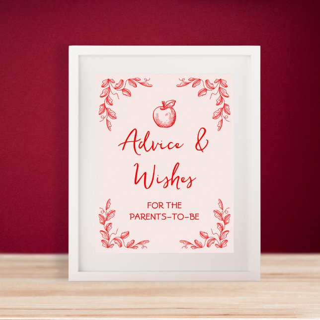 Poster Conselhos e Desejos Maçã Desenhada à Mão Chás de B (Advice & Wishes Apple Hand Drawn Baby Shower Poster)