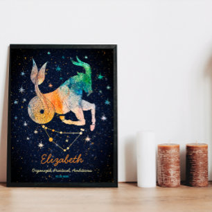 Poster Constelação de Capricórnio Zodíaco Galáxia Aquarel