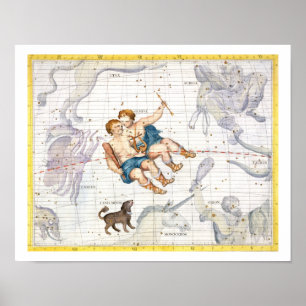 Póster Constelação de Gêmeos com menor de Canis, placa