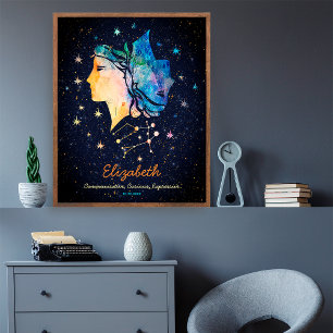 Poster Constelação de Gêmeos Zodíaco Aquarela Estrela Gal