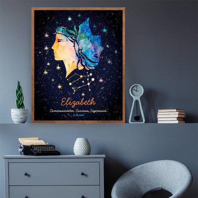 Poster Constelação de Gêmeos Zodíaco Aquarela Estrela Gal (Criador carregado)