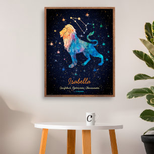 Poster Constelação de Leão Zodíaco Aquarela Estrelas Galá