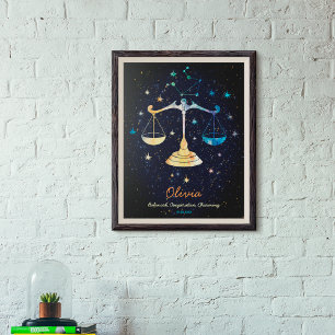 Poster Constelação de Libra Zodíaco Aquarela Estrelas Gal
