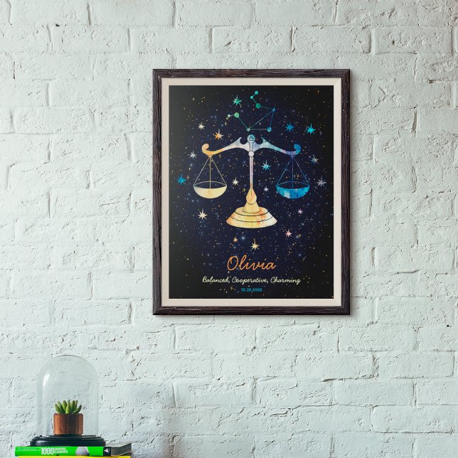 Poster Constelação de Libra Zodíaco Aquarela Estrelas Gal (Criador carregado)