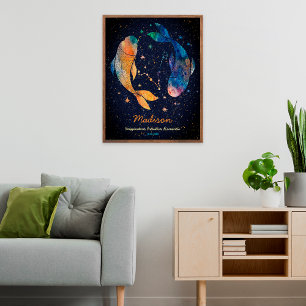 Poster Constelação de Peixes Zodíaco Aquarela Estrela Gal