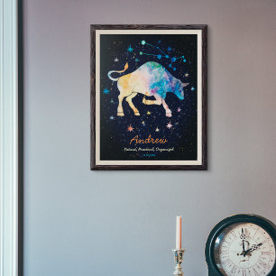 Poster Constelação de Touro Zodíaco Aquarela Estrela Galá