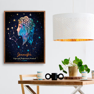 Poster Constelação de Virgem Zodíaco Aquarela Estrelas Ga