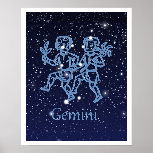 Póster Constelação Gemini e Sinal Zodíaco com Estrelas (Frente)
