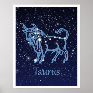 Poster Constelação Taurus e Sinal Zodíaco com Estrelas