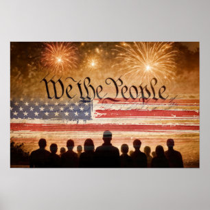 Poster Constituição dos EUA com Bandeira e Fogos de Artif