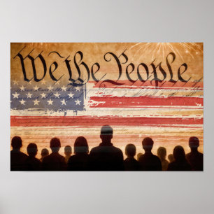 Poster Constituição dos EUA com Bandeira e Fogos de Artif