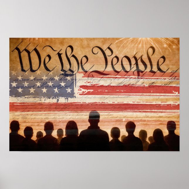 Poster Constituição dos EUA com Bandeira e Fogos de Artif (Frente)