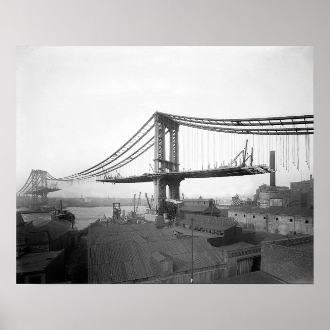 Poster Construção da Ponte de Manhattan, 1909. Foto Antig (Frente)