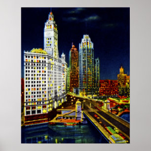 Poster Construções de Chicago Illinois Wrigley em a noi