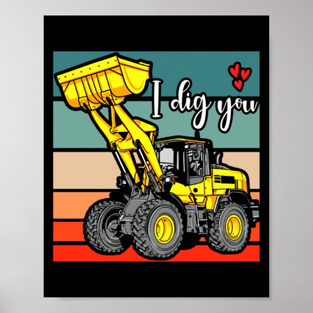 Poster Construction Vehicles Valentines Hearts Excavator  (Frente)