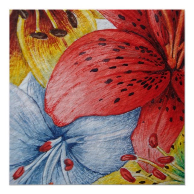 Póster contemporâneo de flores amarelas e azuis (Frente)