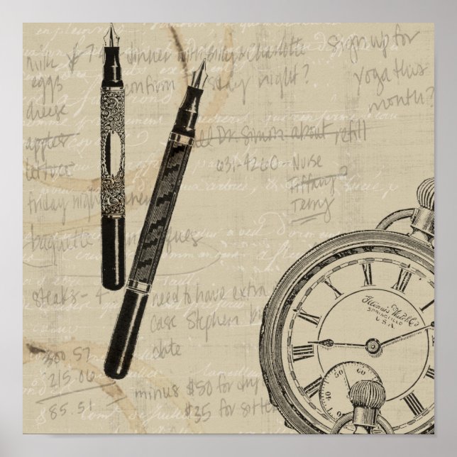 Póster Conter Canetas e rosto de observação com notas (Frente)