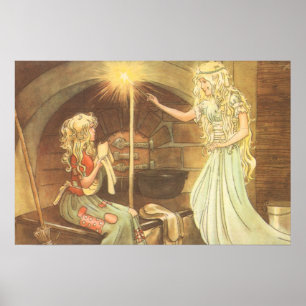 Póster Conto de fadas do vintage, Cinderella e madrinha