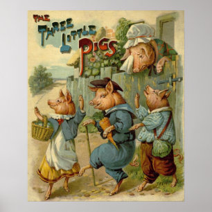 Póster Conto de fadas do vintage, três porcos pequenos
