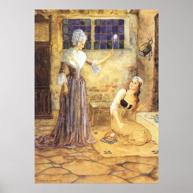 Póster Conto de Fadas Vintage Cinderela com Fada Madrinha (Frente)