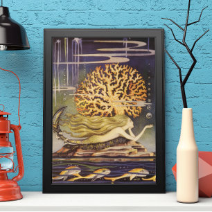 Póster Conto de Fadas Vintage, Pequena Sereia em Coral Oc