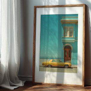 Poster Contraste Costeiro: Carro Amarelo Vintage