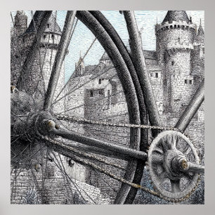 Poster Contraste Mecânico: Design de Bicicleta Medieval