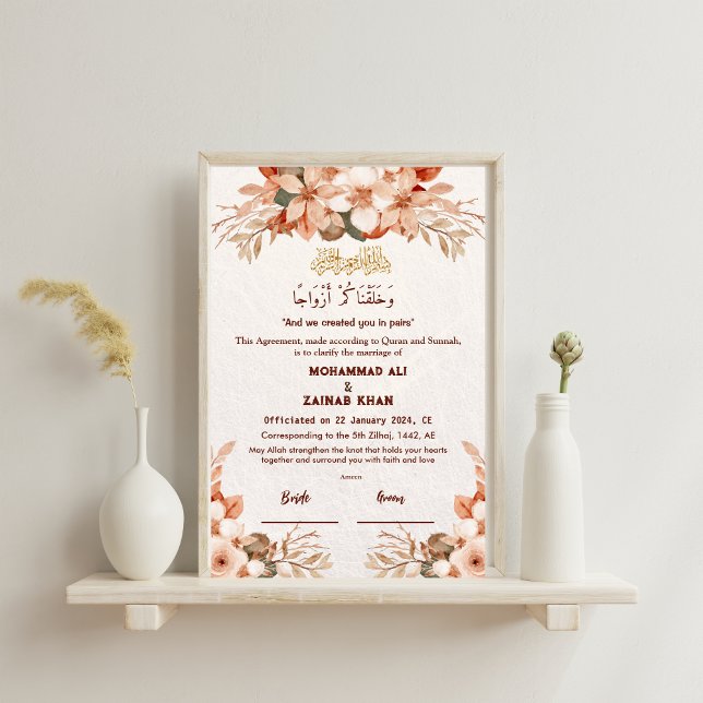 Poster Contrato de Nikah de Moldura Floral em Ouro Rosê d (Criador carregado)