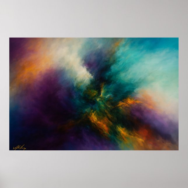 Poster Convergência Cósmica Explosão Turquesa em Nebulosa (Frente)