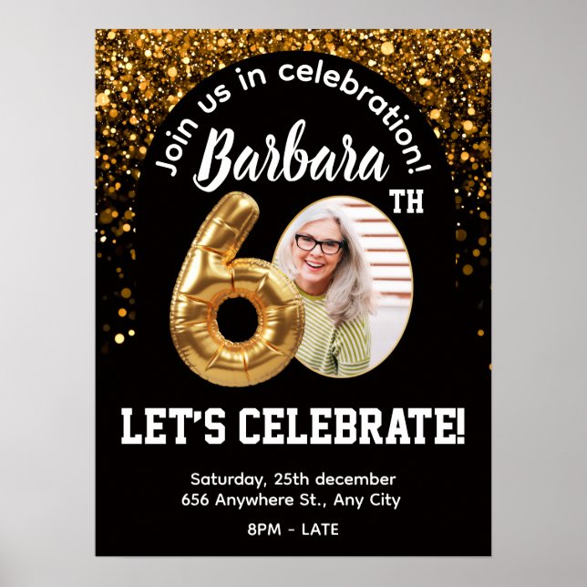 Poster Convite de Aniversário Confete Preto Dourado 60º (Frente)