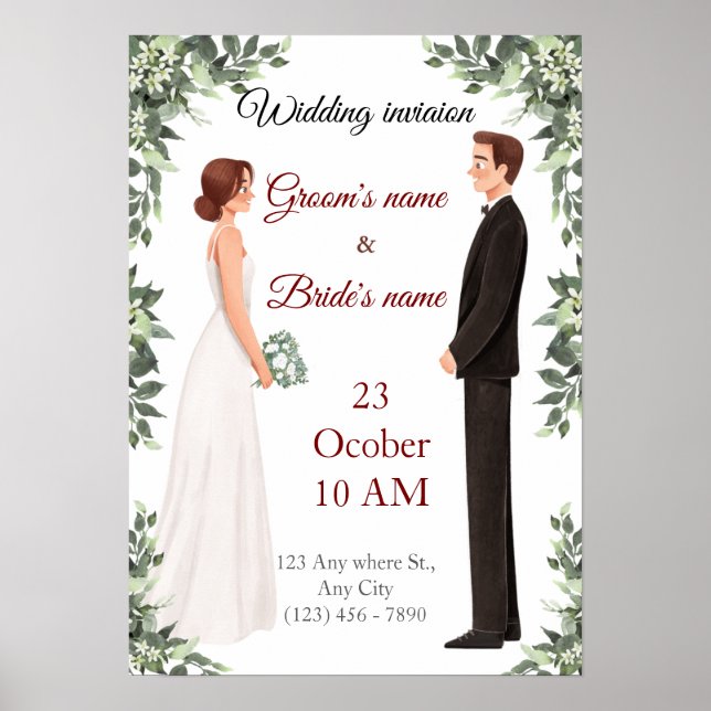 Poster Convite de Casamento Ilustrado Elegante (Frente)