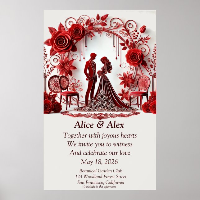 Poster ✨ Convite de Casamento Vermelho Decoração Chá de N (Frente)