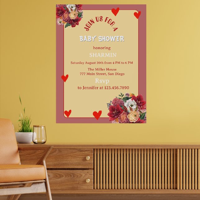 Poster Convite de Chá de Bebê Flor e Coração (Sala de Estar 2)
