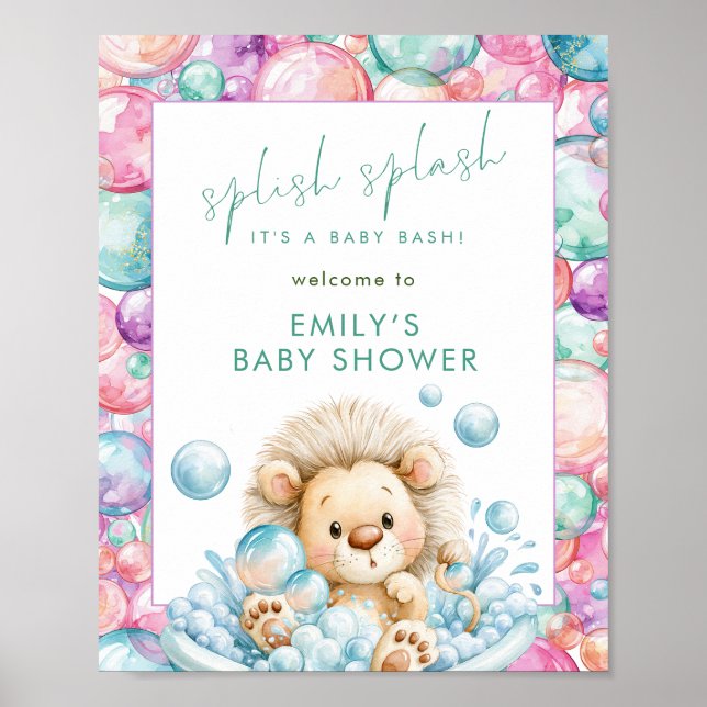 Poster Convite de Chá de Bebê Imprimível Leão Splish Spla (Frente)