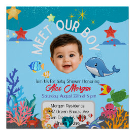 Póster Convite de Churrasco de Bebê Menino - Sob o Mar