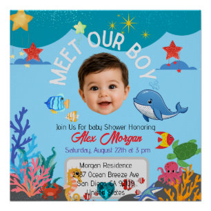 Póster Convite de Churrasco de Bebê Menino - Sob o Mar