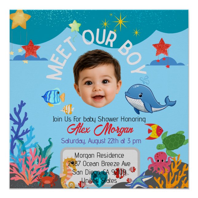 Póster Convite de Churrasco de Bebê Menino - Sob o Mar (Frente)